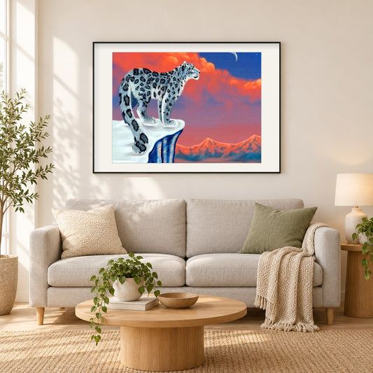 Schneeleopard & roter Himmel als gerahmtes Diamond Painting im Wohnzimmer