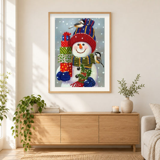 Schneemann mit Weihnachtsgeschenken als gerahmtes Diamond Painting im Wohnzimmer