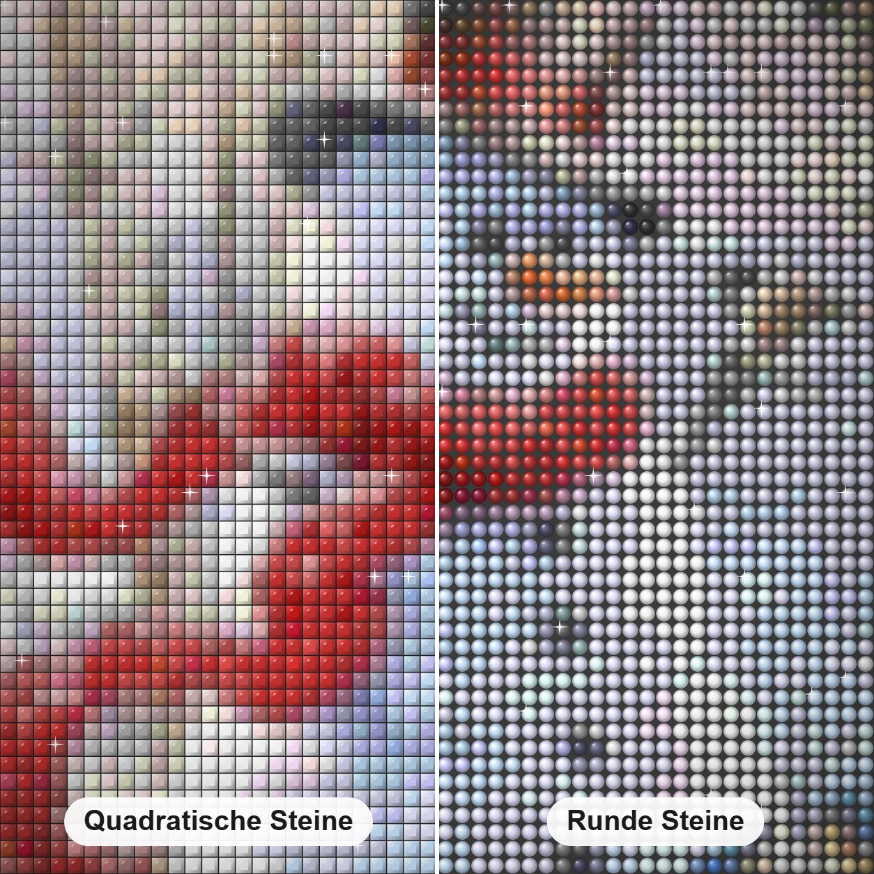 Schneemann & Vogelhaus Diamond Painting Nahaufnahme mit quadratischen und runden Steinen