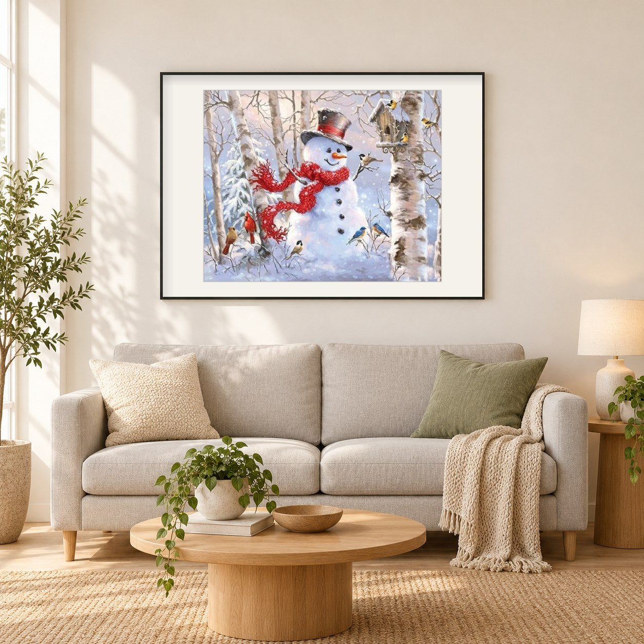 Schneemann & Vogelhaus als gerahmtes Diamond Painting im Wohnzimmer