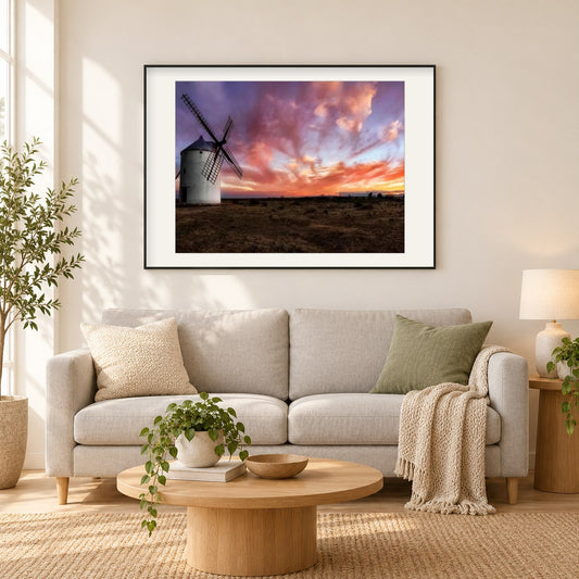 Schöne Himmel & Windmühlenlandschaft als gerahmtes Diamond Painting im Wohnzimmer