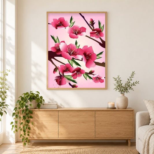 schöne Kirschblüten als gerahmtes Diamond Painting im Wohnzimmer