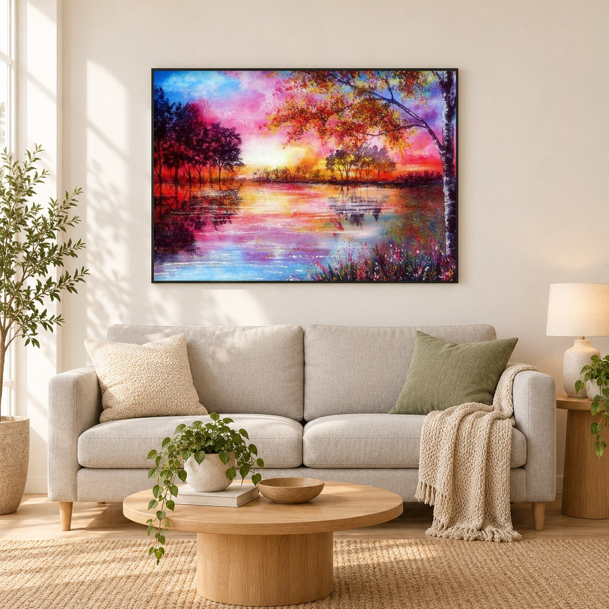 Schöne Landschaftsmalerei als gerahmtes Diamond Painting im Wohnzimmer