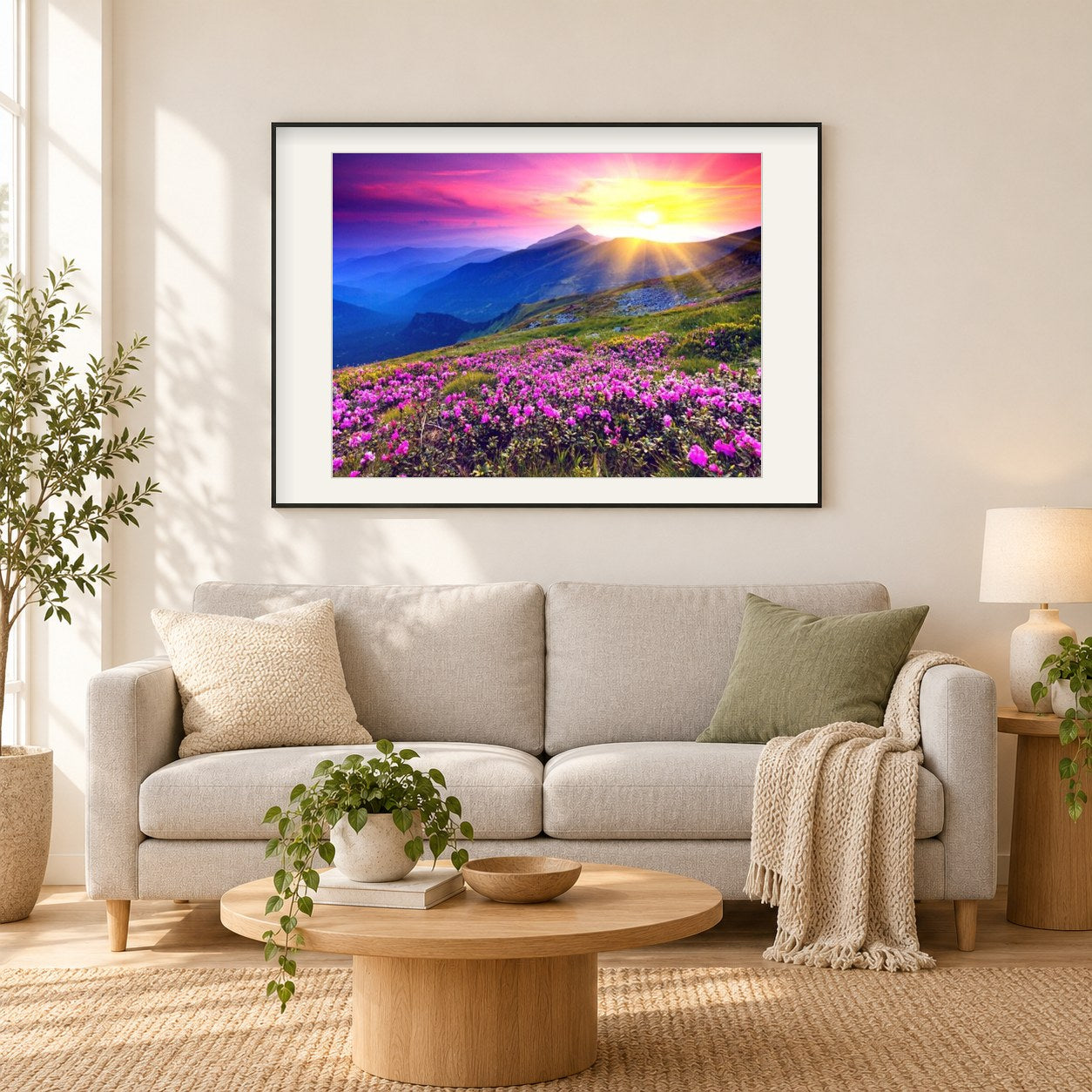 Schöne Sonnenaufgang & rosa Blumen als gerahmtes Diamond Painting im Wohnzimmer