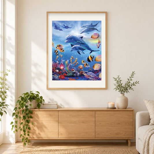 Schöne Unterwasserweltmalerei als gerahmtes Diamond Painting im Wohnzimmer