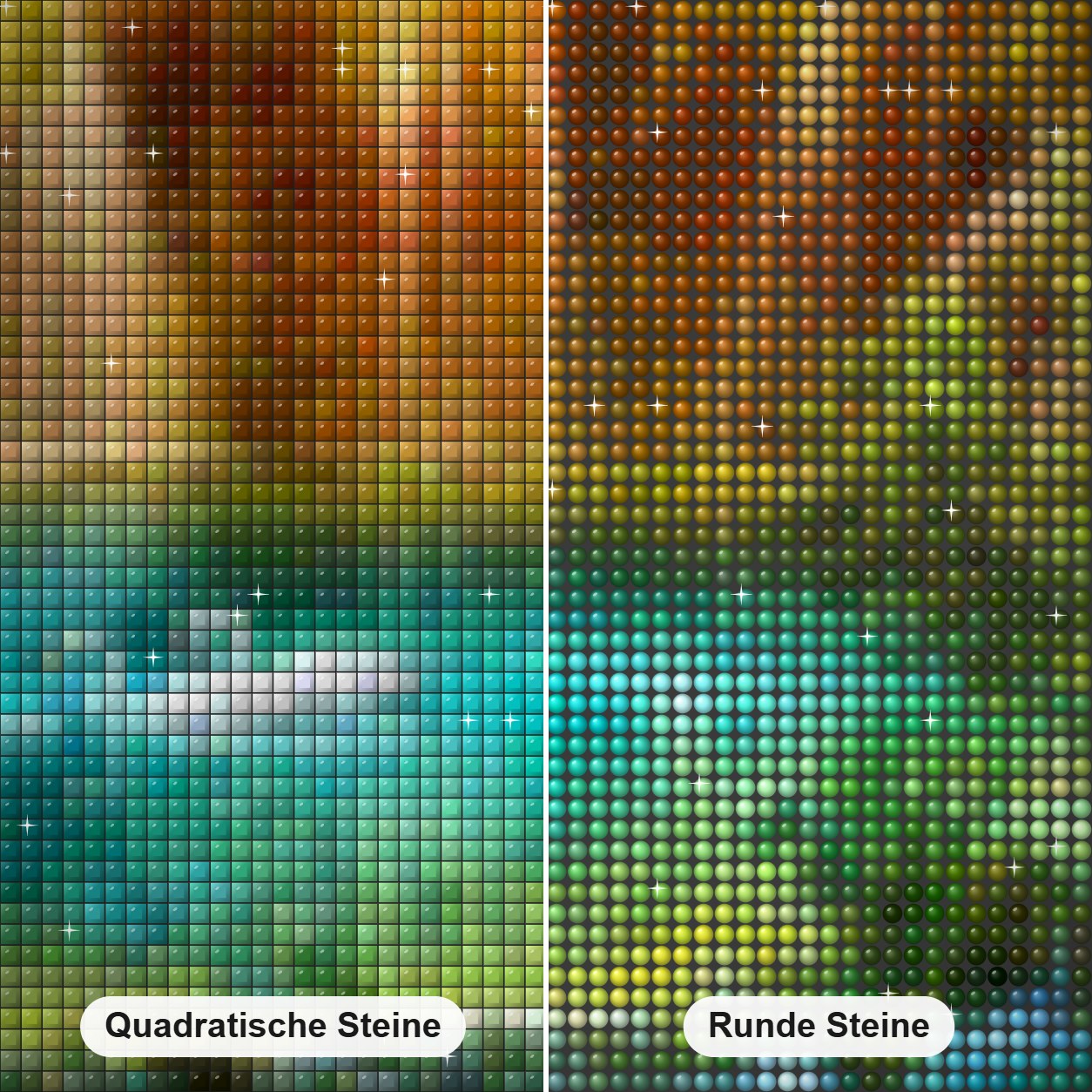 Schöner Wasserfall mit Schwänen Diamond Painting Nahaufnahme mit quadratischen und runden Steinen