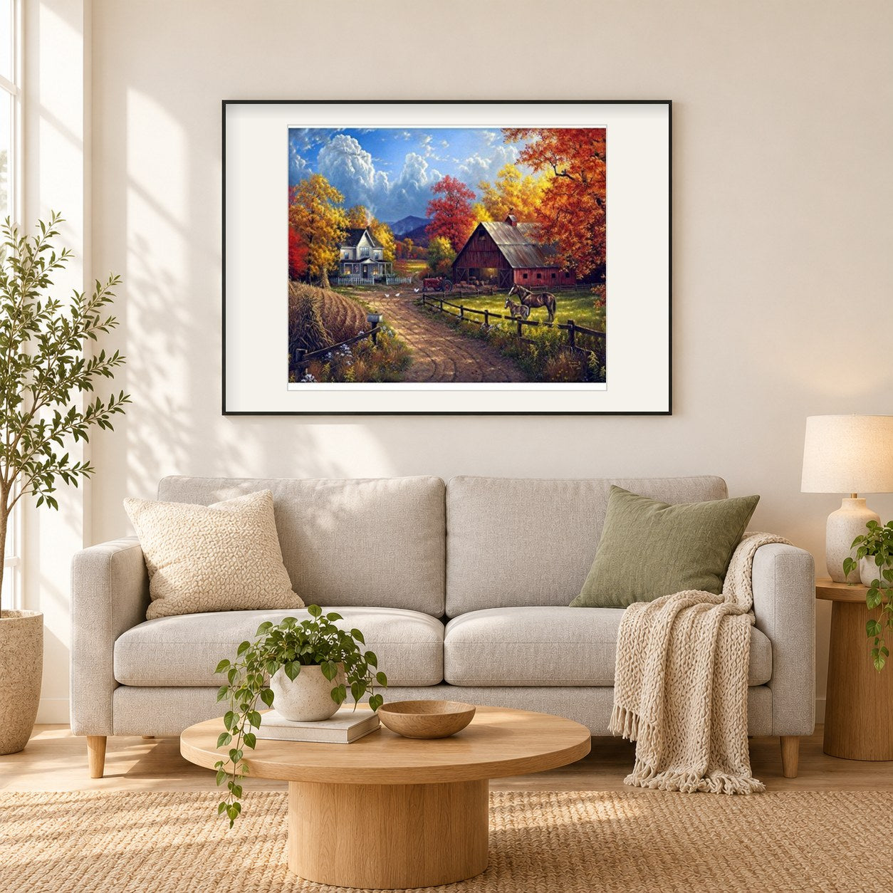 Schöner Bauernhof & Pferde als gerahmtes Diamond Painting im Wohnzimmer