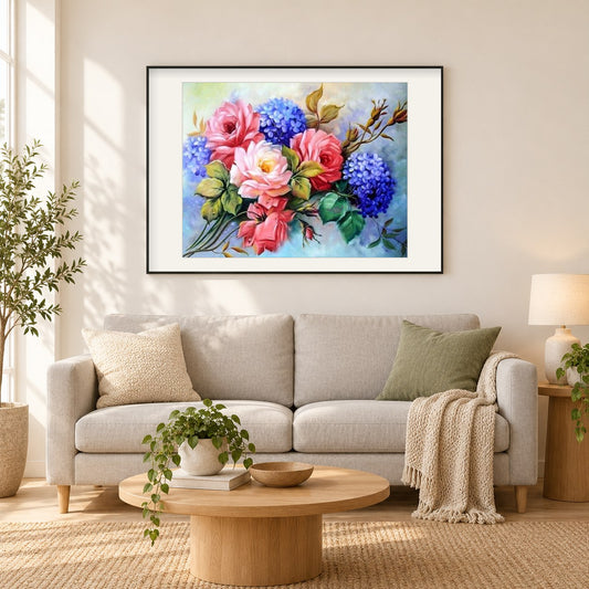 Schöner Blumenstrauß als gerahmtes Diamond Painting im Wohnzimmer