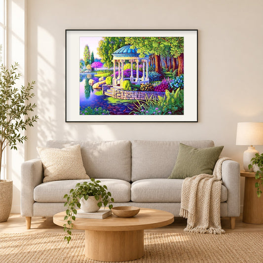 Schöner Gartenpavillon als gerahmtes Diamond Painting im Wohnzimmer