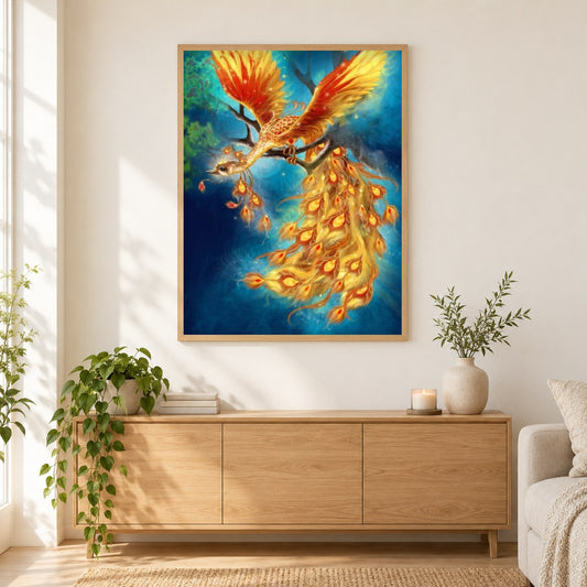 Schöner Phönix als gerahmtes Diamond Painting im Wohnzimmer