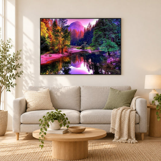 Schöner See und bunter Waldblick als gerahmtes Diamond Painting im Wohnzimmer