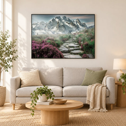 Schöner Weg zu den Bergen als gerahmtes Diamond Painting im Wohnzimmer