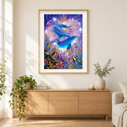 Schönes Delfinpaar als gerahmtes Diamond Painting im Wohnzimmer