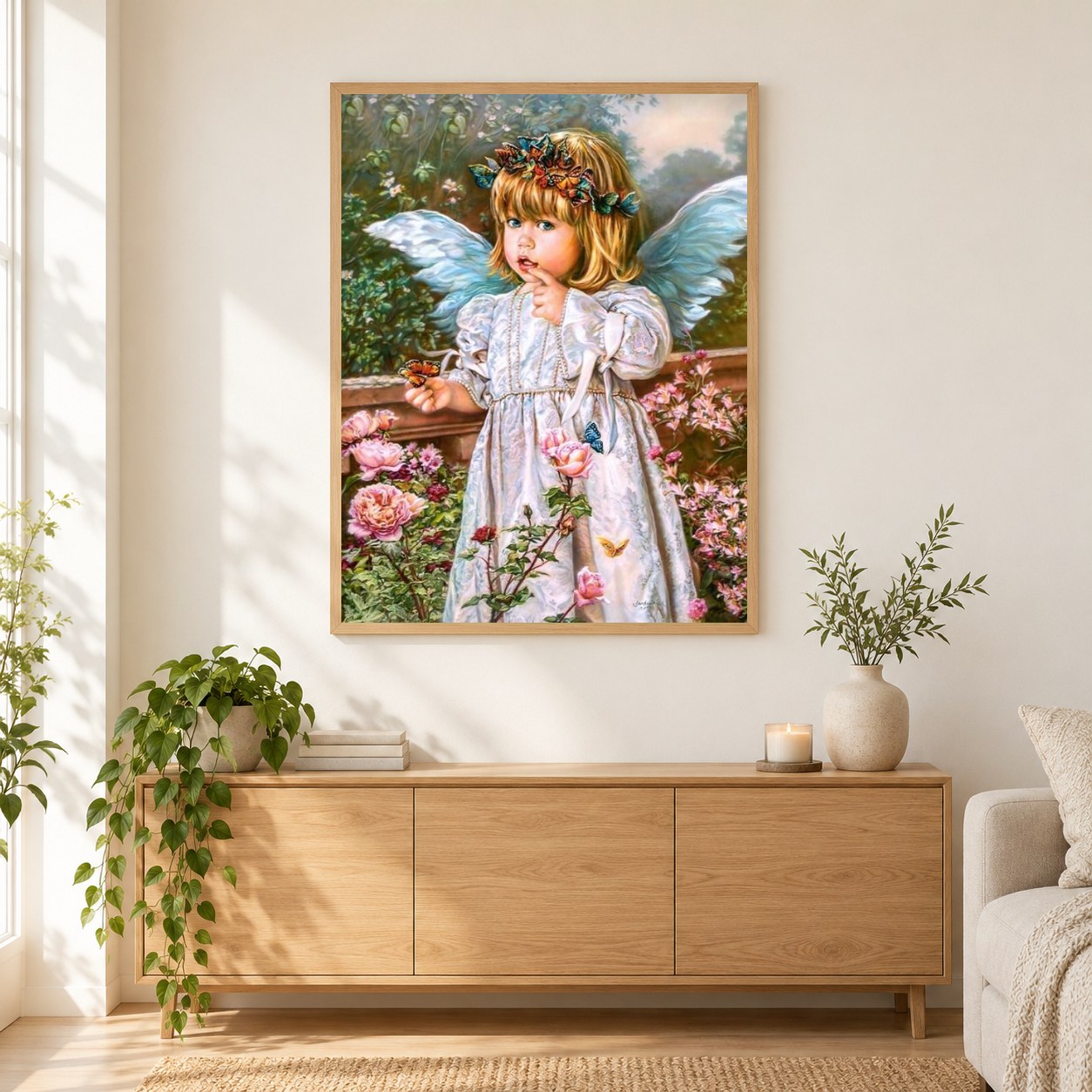 Schönes Engelsmädchen mit Schmetterlingskrone als gerahmtes Diamond Painting im Wohnzimmer
