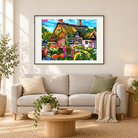 Schönes Ferienhaus von Howard Robinson als gerahmtes Diamond Painting im Wohnzimmer