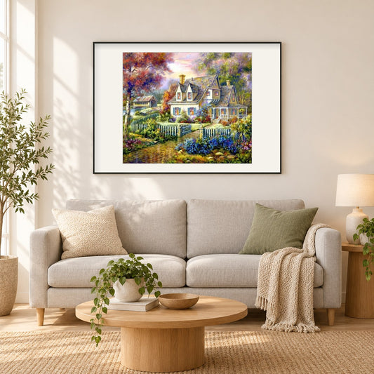 Schönes Haus in der Frühlingssaison als gerahmtes Diamond Painting im Wohnzimmer