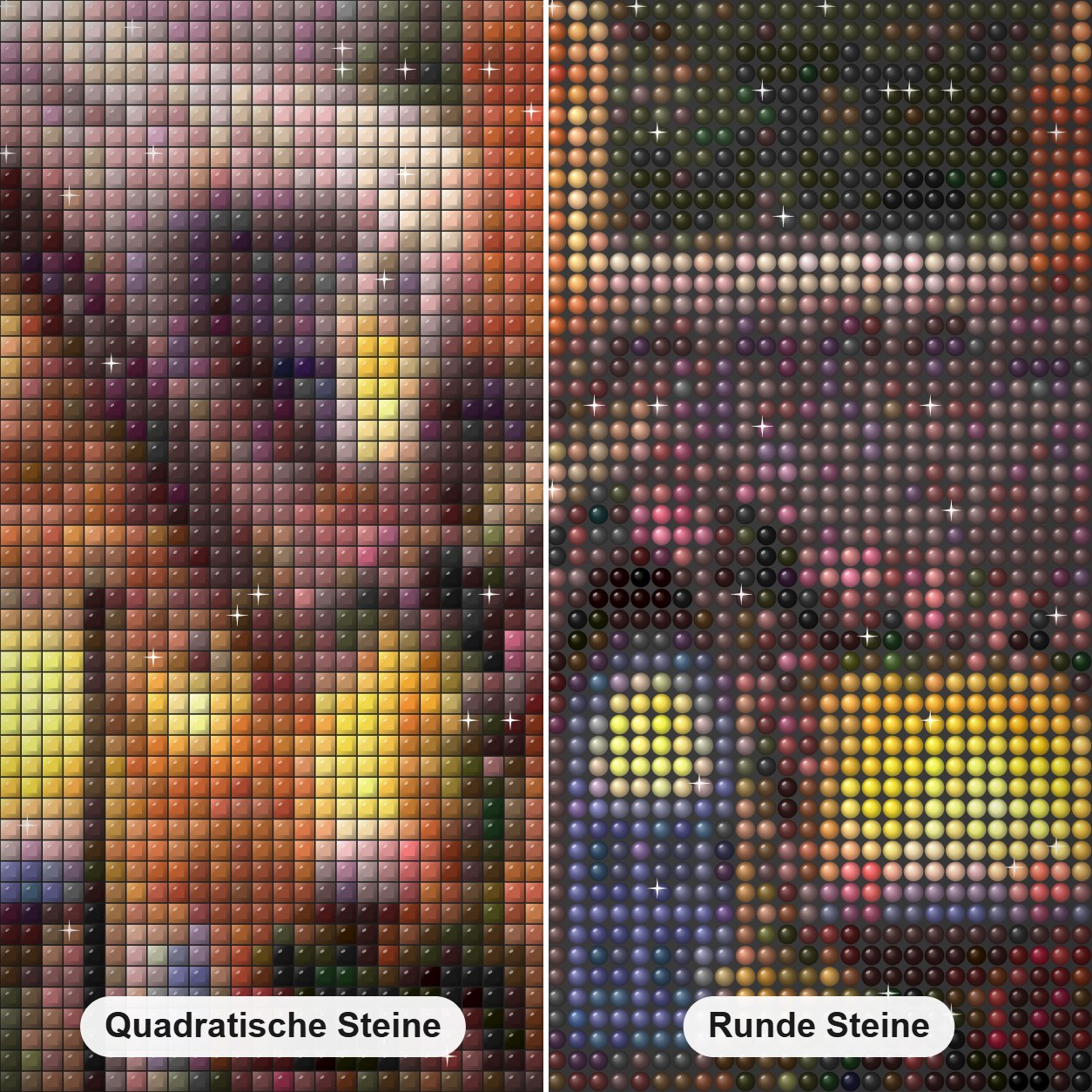 Schönes Häuschen mit Blumendekoration Diamond Painting Nahaufnahme mit quadratischen und runden Steinen