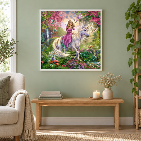 Mädchen reitet auf dem Einhorn als gerahmtes Diamond Painting im Wohnzimmer