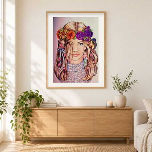 Schönes Mädchen mit Blumenkrone als gerahmtes Diamond Painting im Wohnzimmer
