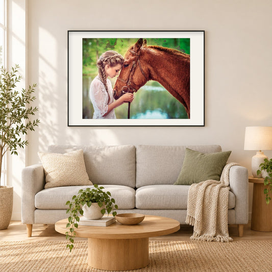 Schönes Mädchen & Pferd als gerahmtes Diamond Painting im Wohnzimmer