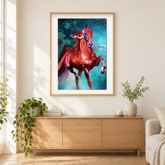 Schönes rotes Pferd als gerahmtes Diamond Painting im Wohnzimmer