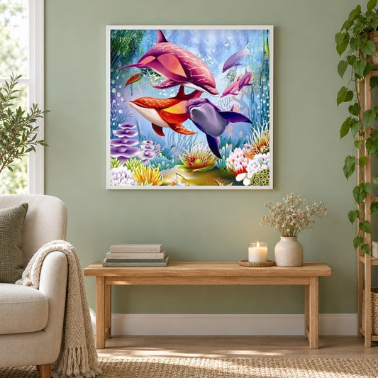 Schönes Sea Life Painting Kit als gerahmtes Diamond Painting im Wohnzimmer