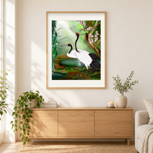 Schreikranpaar als gerahmtes Diamond Painting im Wohnzimmer