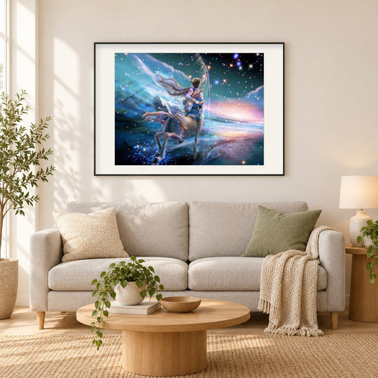 Schütze Tierkreis als gerahmtes Diamond Painting im Wohnzimmer
