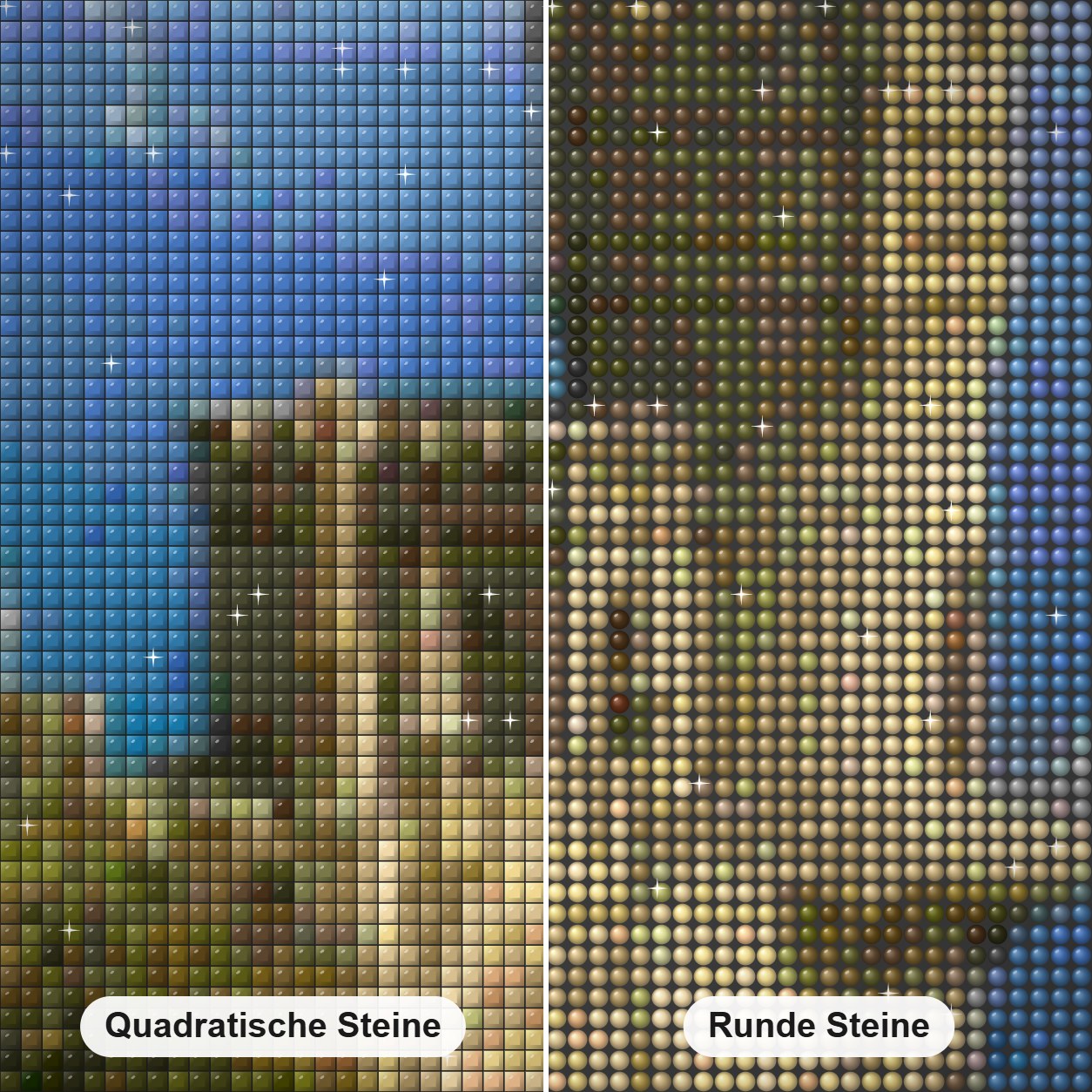 Schwalbennest Diamond Painting Nahaufnahme mit quadratischen und runden Steinen