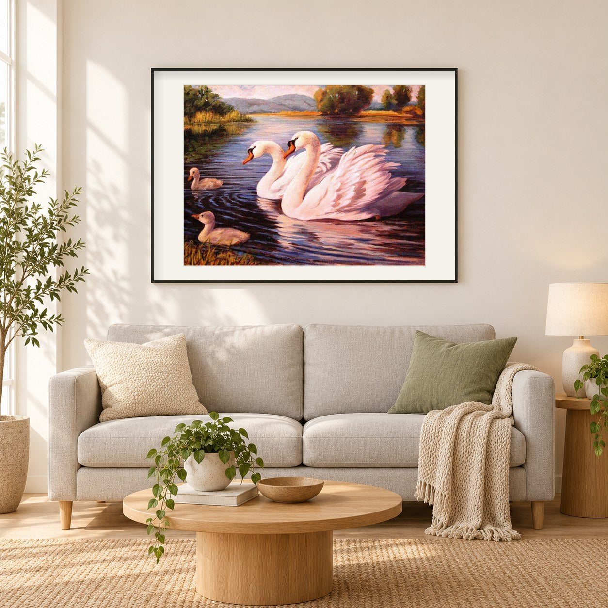 Schwanen familie im See als gerahmtes Diamond Painting im Wohnzimmer