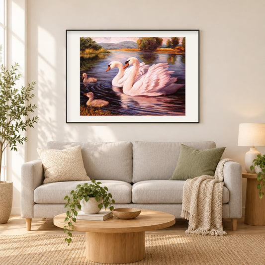 Schwanen familie im See als gerahmtes Diamond Painting im Wohnzimmer