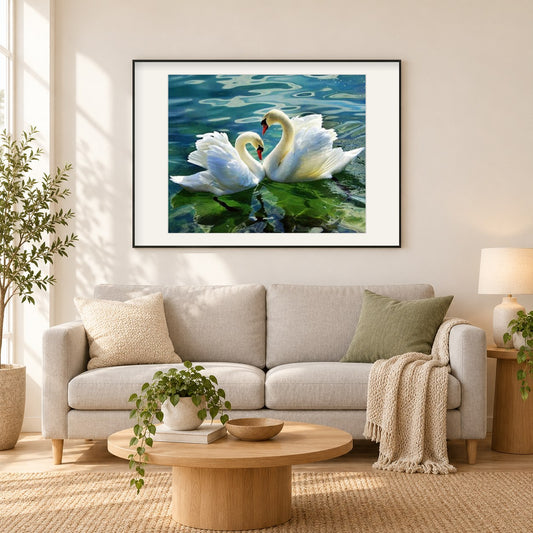 Schwanenpaar im See als gerahmtes Diamond Painting im Wohnzimmer