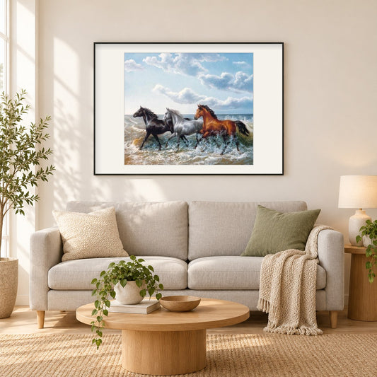 Schwarze, graue und braune Pferde als gerahmtes Diamond Painting im Wohnzimmer