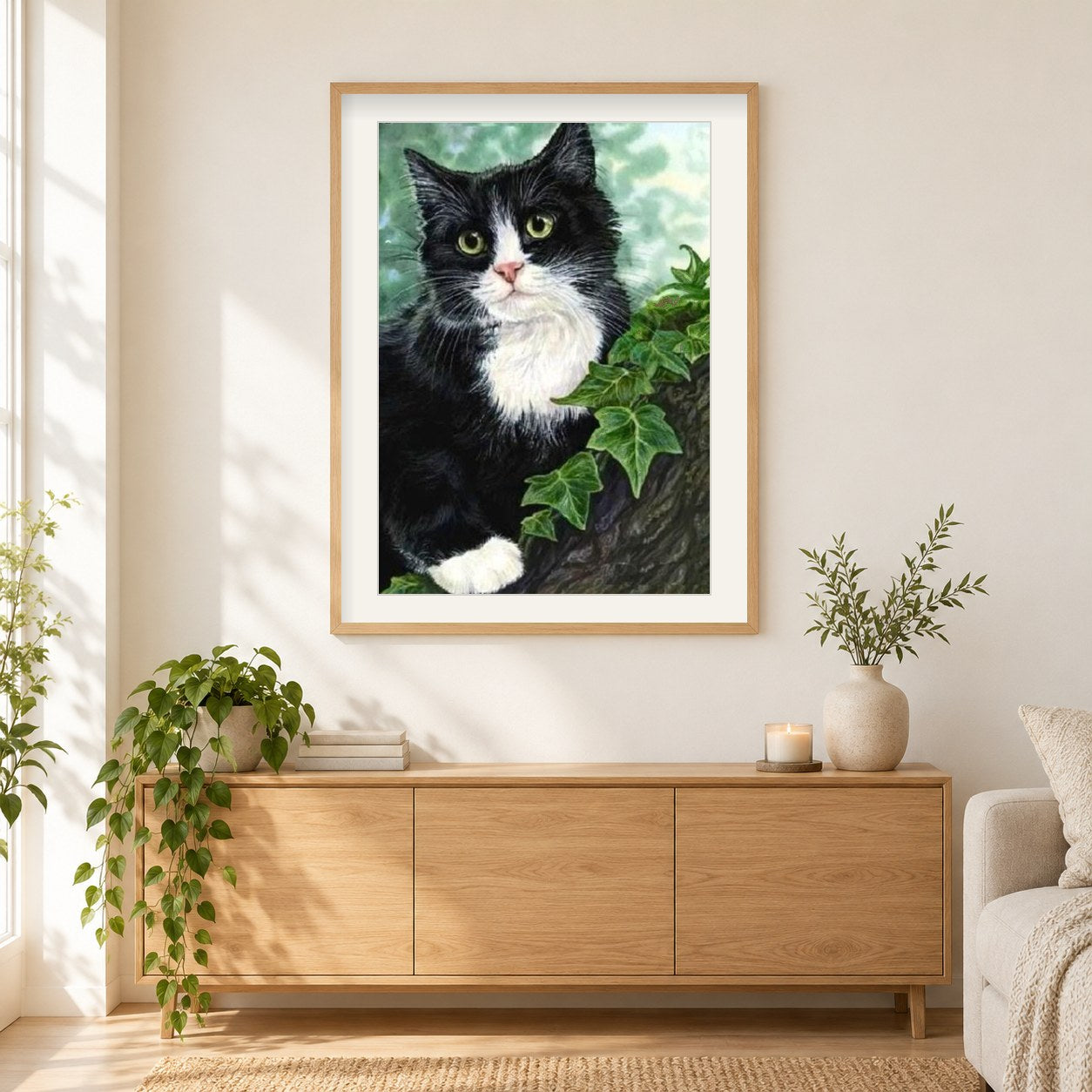 Schwarze Katze am Baum als gerahmtes Diamond Painting im Wohnzimmer