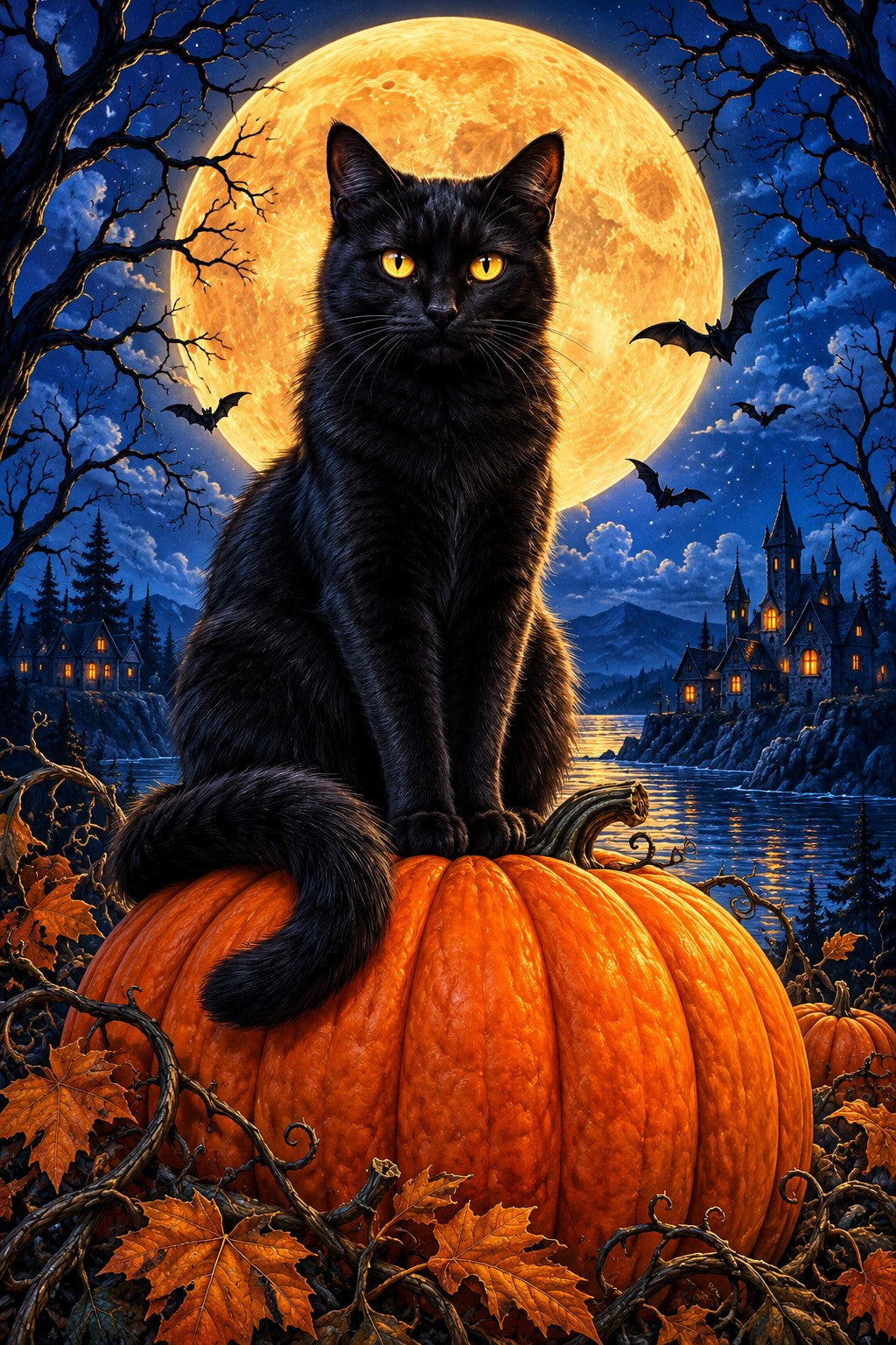Schwarze Katze auf Kürbis im Vollmond Diamond Painting