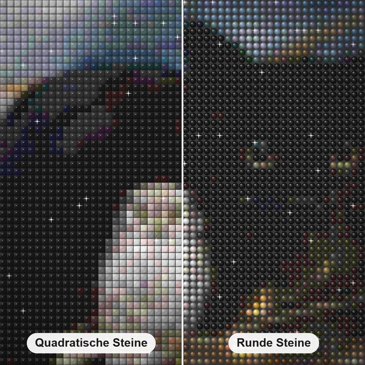 Schwarze Katze & Eule sitzen auf Baum Diamond Painting Nahaufnahme mit quadratischen und runden Steinen
