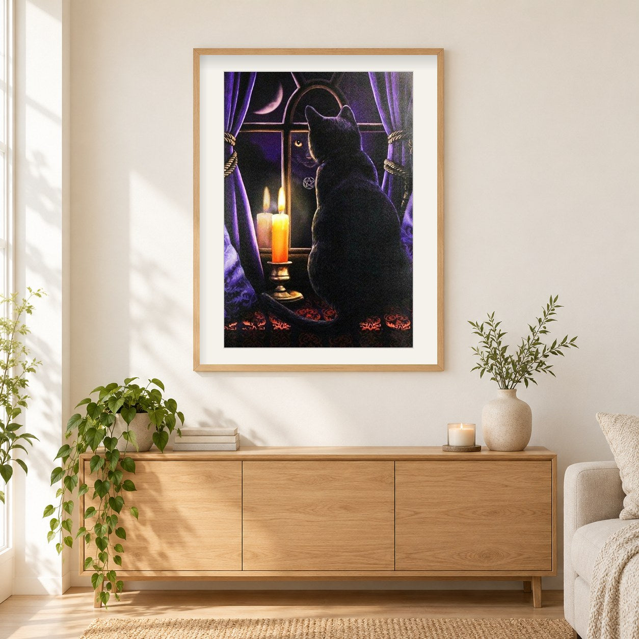 Schwarze Katze und Kerze im Fenster als gerahmtes Diamond Painting im Wohnzimmer
