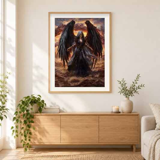 Schwarzer Engel als gerahmtes Diamond Painting im Wohnzimmer