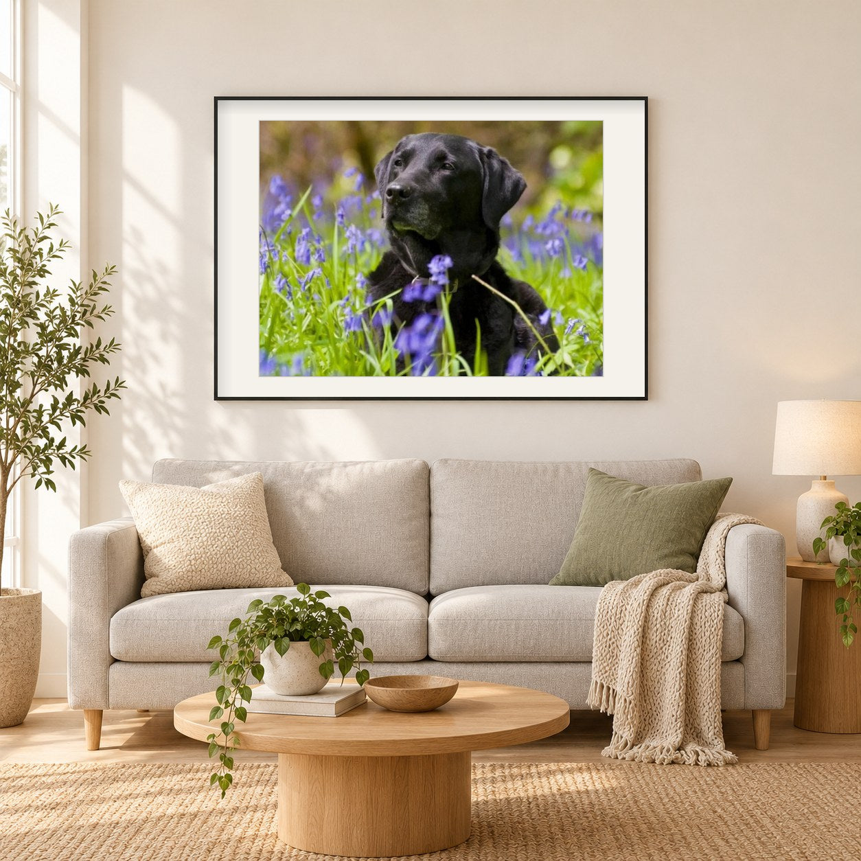 Schwarzer Labrador in grünen Feldern als gerahmtes Diamond Painting im Wohnzimmer