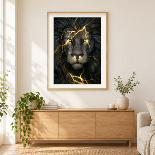 Schwarzer Löwe Kunst als gerahmtes Diamond Painting im Wohnzimmer