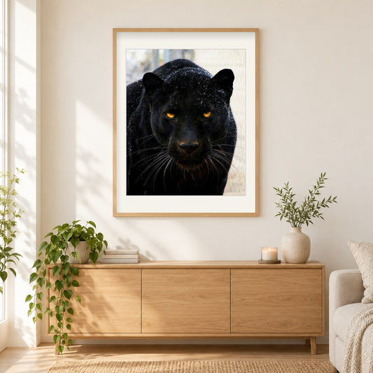 schwarzer Panther als gerahmtes Diamond Painting im Wohnzimmer