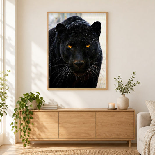 Schwarzer Panther als gerahmtes Diamond Painting im Wohnzimmer