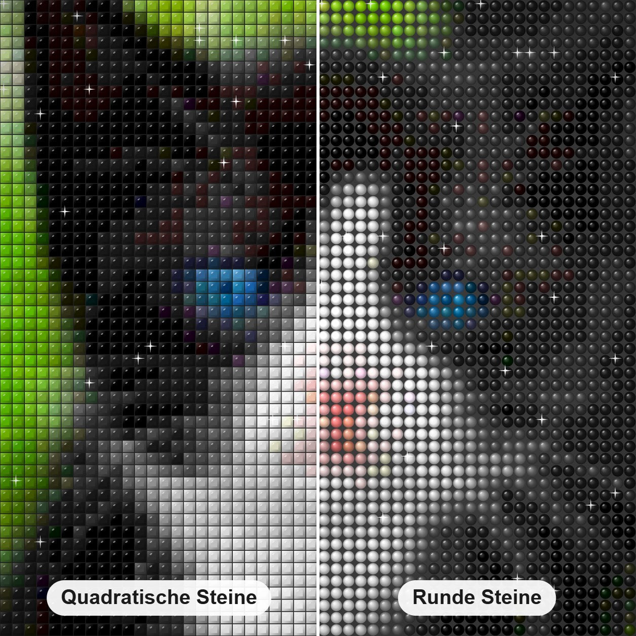 Schwarzes Kätzchen mit blauen Augen Diamond Painting Nahaufnahme mit quadratischen und runden Steinen