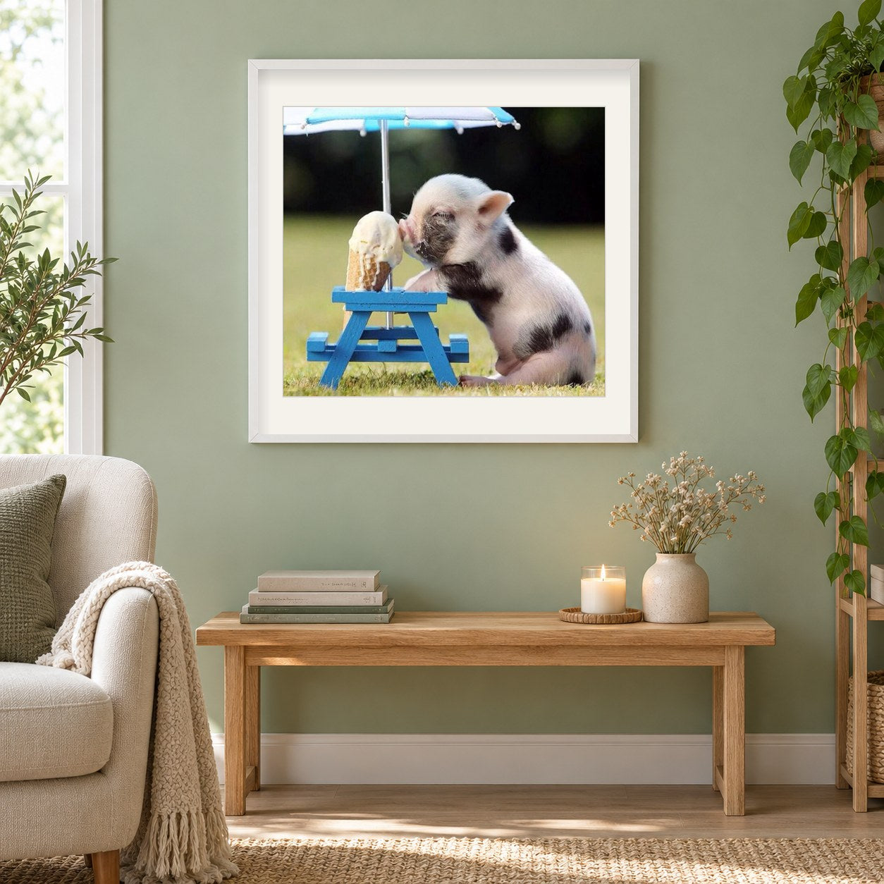 Schwein leckt Eistüte als gerahmtes Diamond Painting im Wohnzimmer