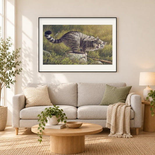 schottische Wildkatze - Kunst des Eric Wilson als gerahmtes Diamond Painting im Wohnzimmer