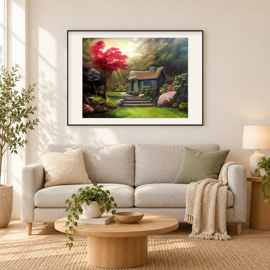 Stück Eden - Kunst des Liam Kelly als gerahmtes Diamond Painting im Wohnzimmer
