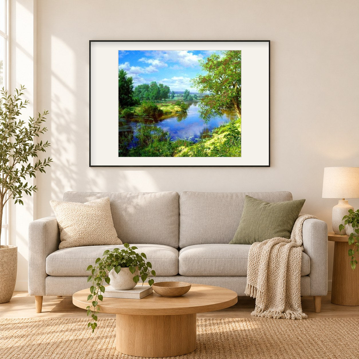 Sommerbäume & Seeblick als gerahmtes Diamond Painting im Wohnzimmer