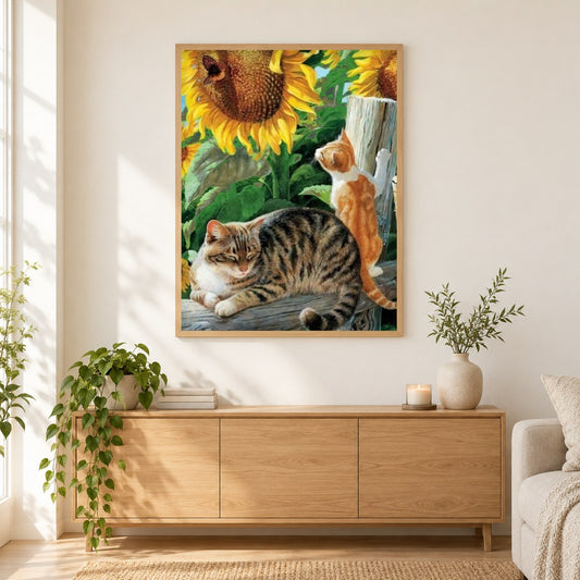Sonnenblumen & Katzen als gerahmtes Diamond Painting im Wohnzimmer