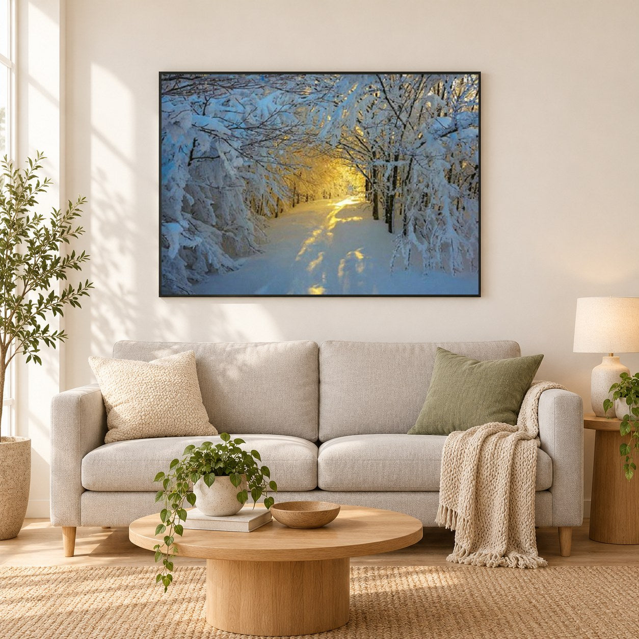 Sonnenschein im verschneiten Wald als gerahmtes Diamond Painting im Wohnzimmer
