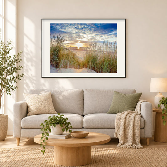 Sonnenuntergang Landschaft als gerahmtes Diamond Painting im Wohnzimmer
